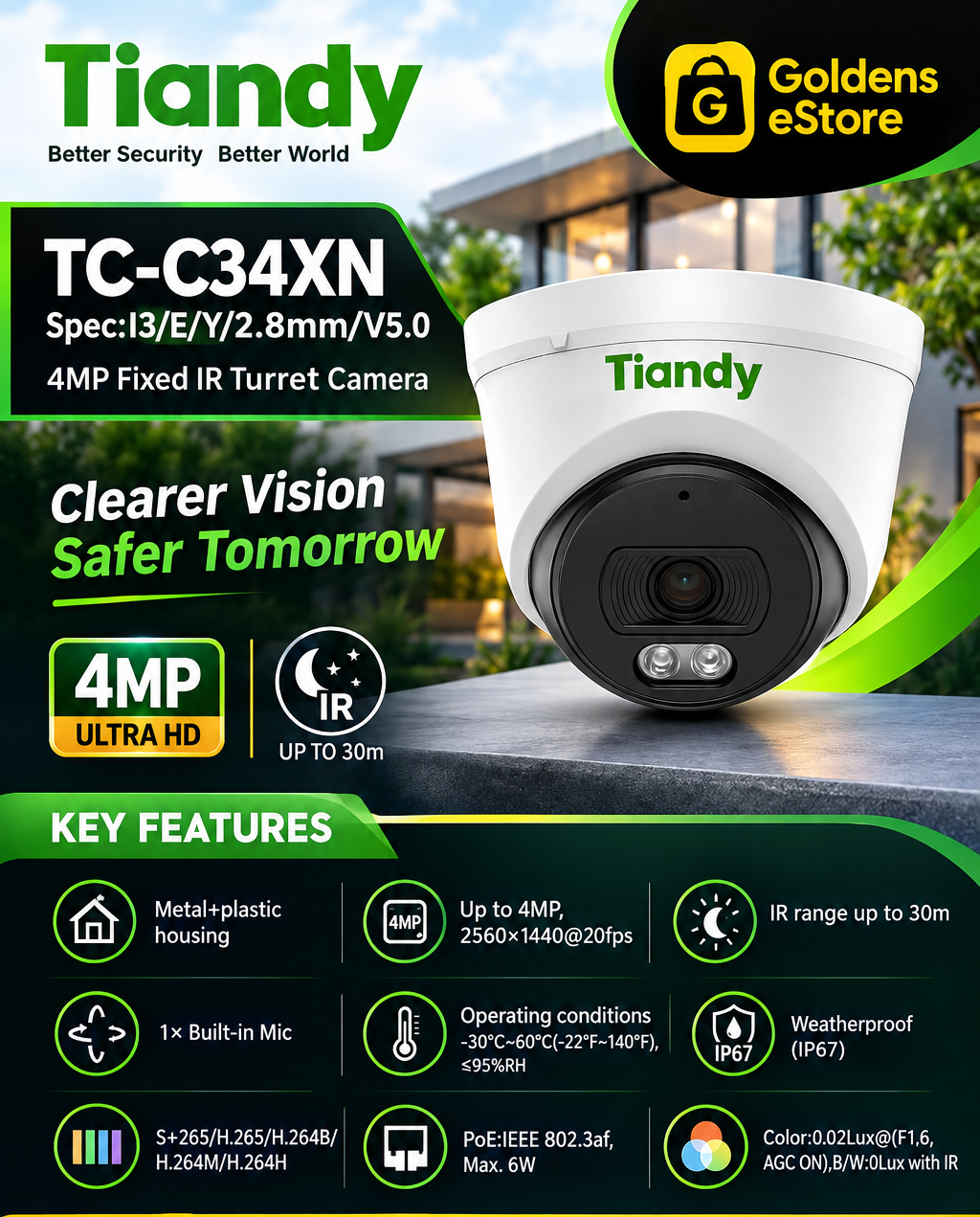 TIANDY TC-C34XN Spec:I3/E/Y/2.8mm Indoor Camera, 4 MP, 30M IR , Fixed 2.8mm Lens