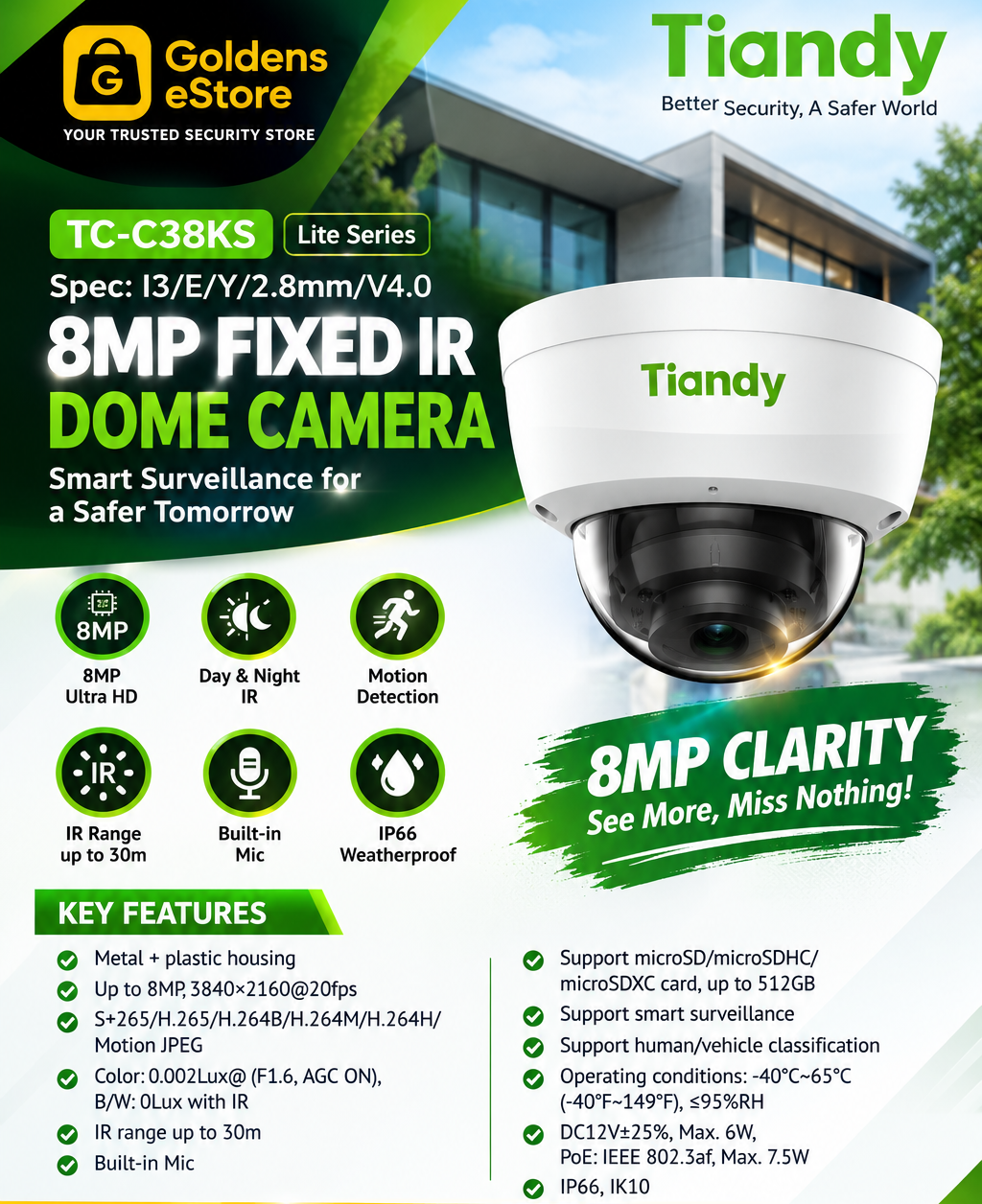 TIANDY  TC-C38KS Spec:I3/E/Y/2.8mm  8MP Indoor Network Camera, 30m IR