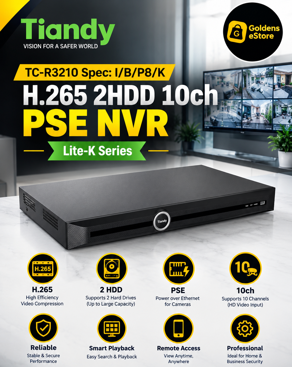 TIANDY TC-R3210 Spec:I/B/P8/K with 8 POE NVR support up to 8channels total up to 8MP, 2HDD