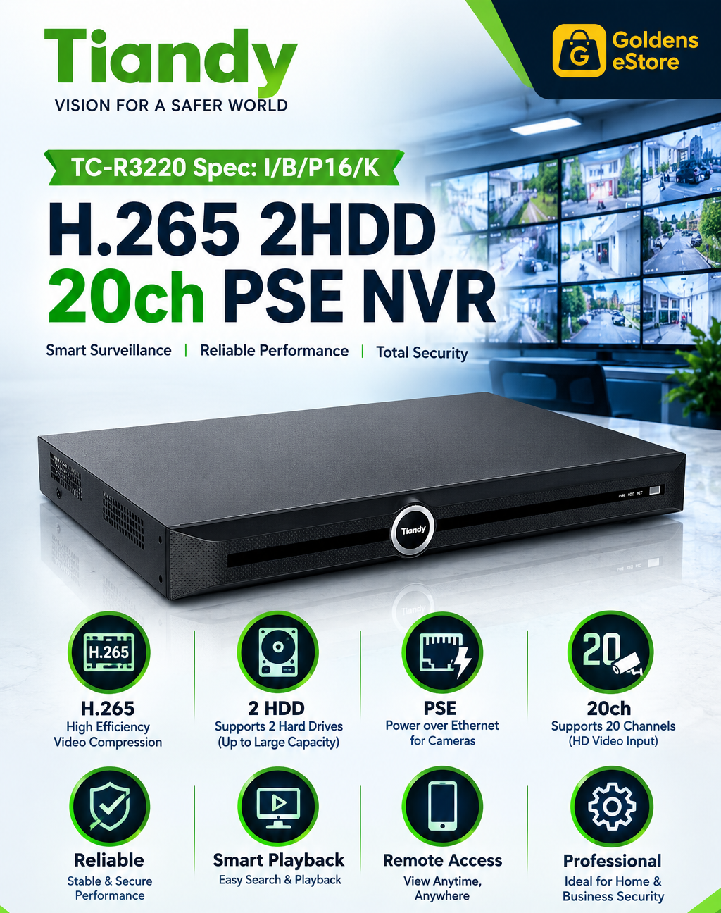 TIANDY TC-R3220 Spec:I/B/P16/K with 16 POE NVR support up to 16 channels total up to 8MP, 2HDD