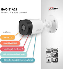 DAHUA  HS DH-HAC-B2A21N 2MP 3.6MM 20MTR  METAL BULLET  OUTDOOR CAMERA