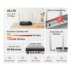 MERCUSYS MB135-4G AC1200 Wi-Fi 4G LTE Router, Build-In 150Mbps 4G LTE Modem